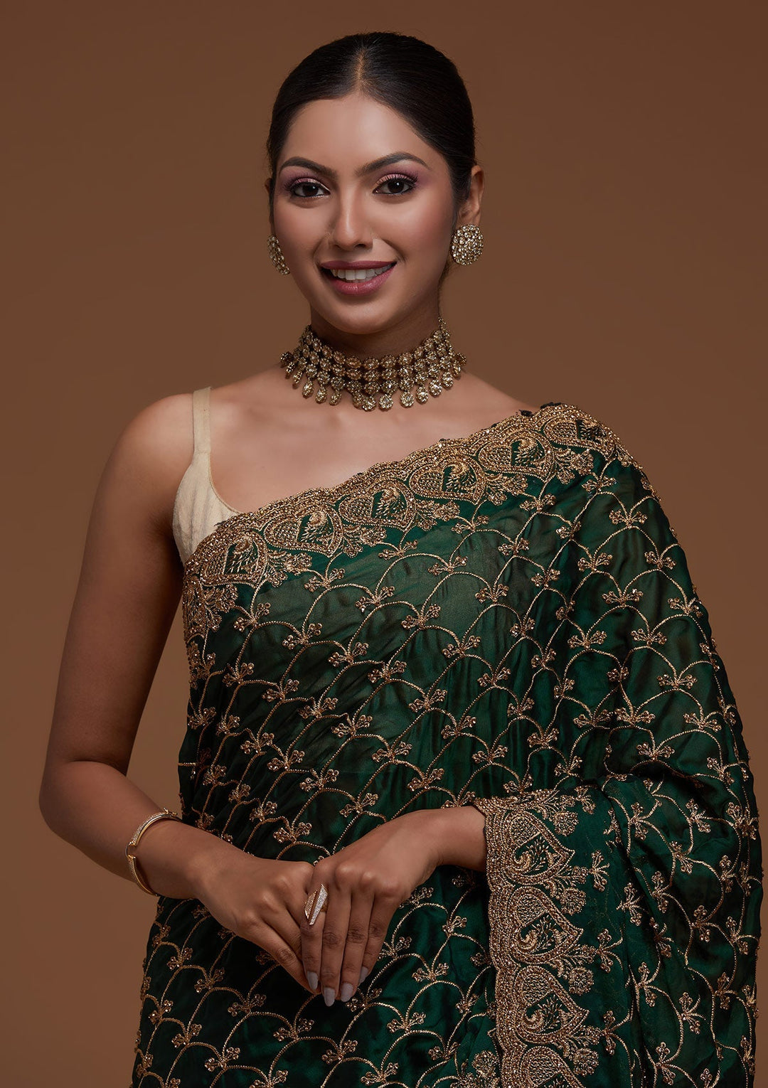 Bottle Green Zariwork Georgette Saree-Koskii