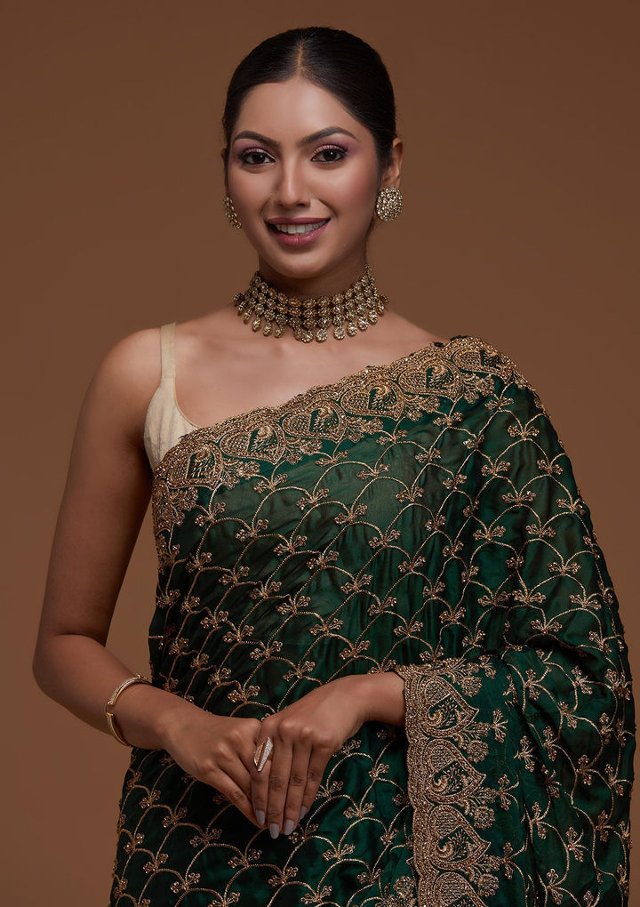Bottle Green Zariwork Georgette Saree-Koskii
