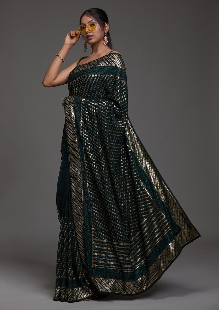 Bottle Green Zariwork Georgette Saree-Koskii