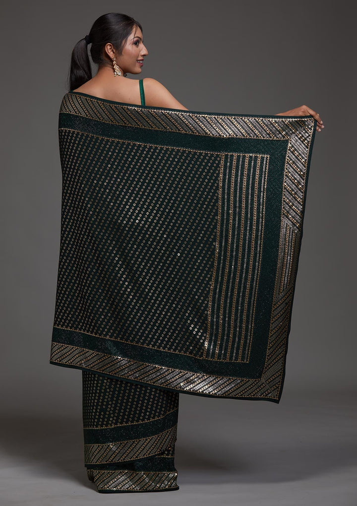 Bottle Green Zariwork Georgette Saree-Koskii