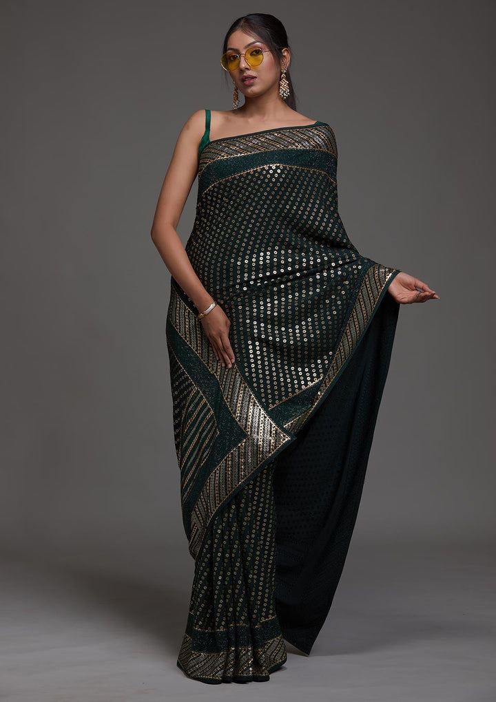 Bottle Green Zariwork Georgette Saree-Koskii