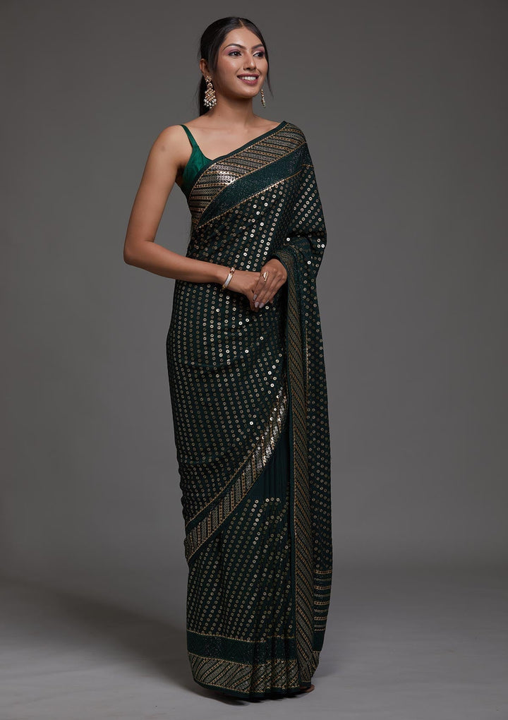 Bottle Green Zariwork Georgette Saree-Koskii