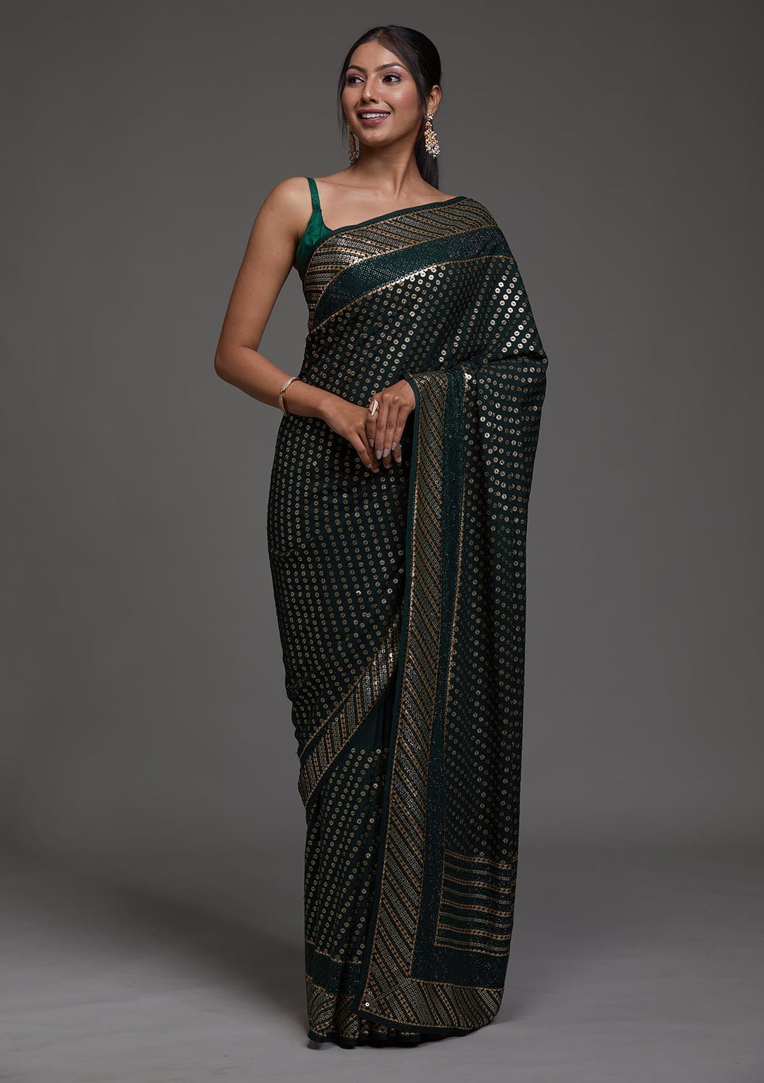 Bottle Green Zariwork Georgette Saree-Koskii