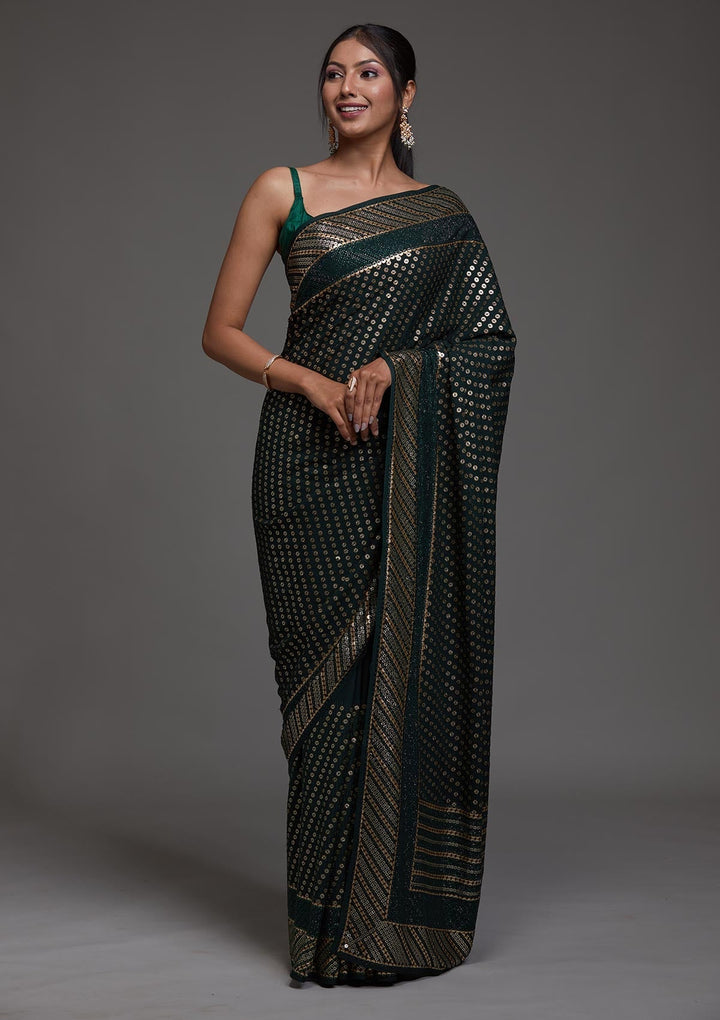 Bottle Green Zariwork Georgette Saree-Koskii