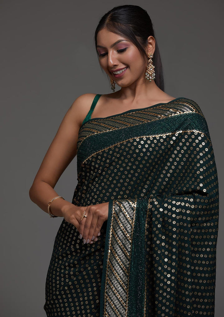 Bottle Green Zariwork Georgette Saree-Koskii