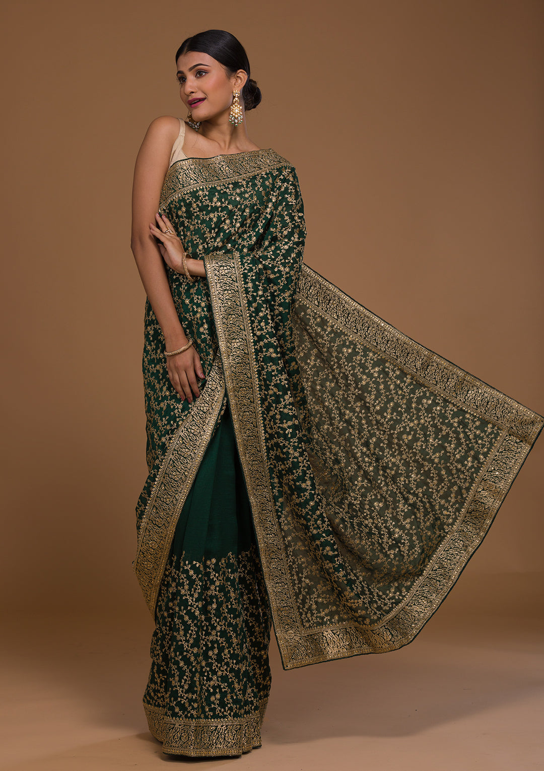 Bottle Green Zariwork Georgette Designer Saree-Koskii