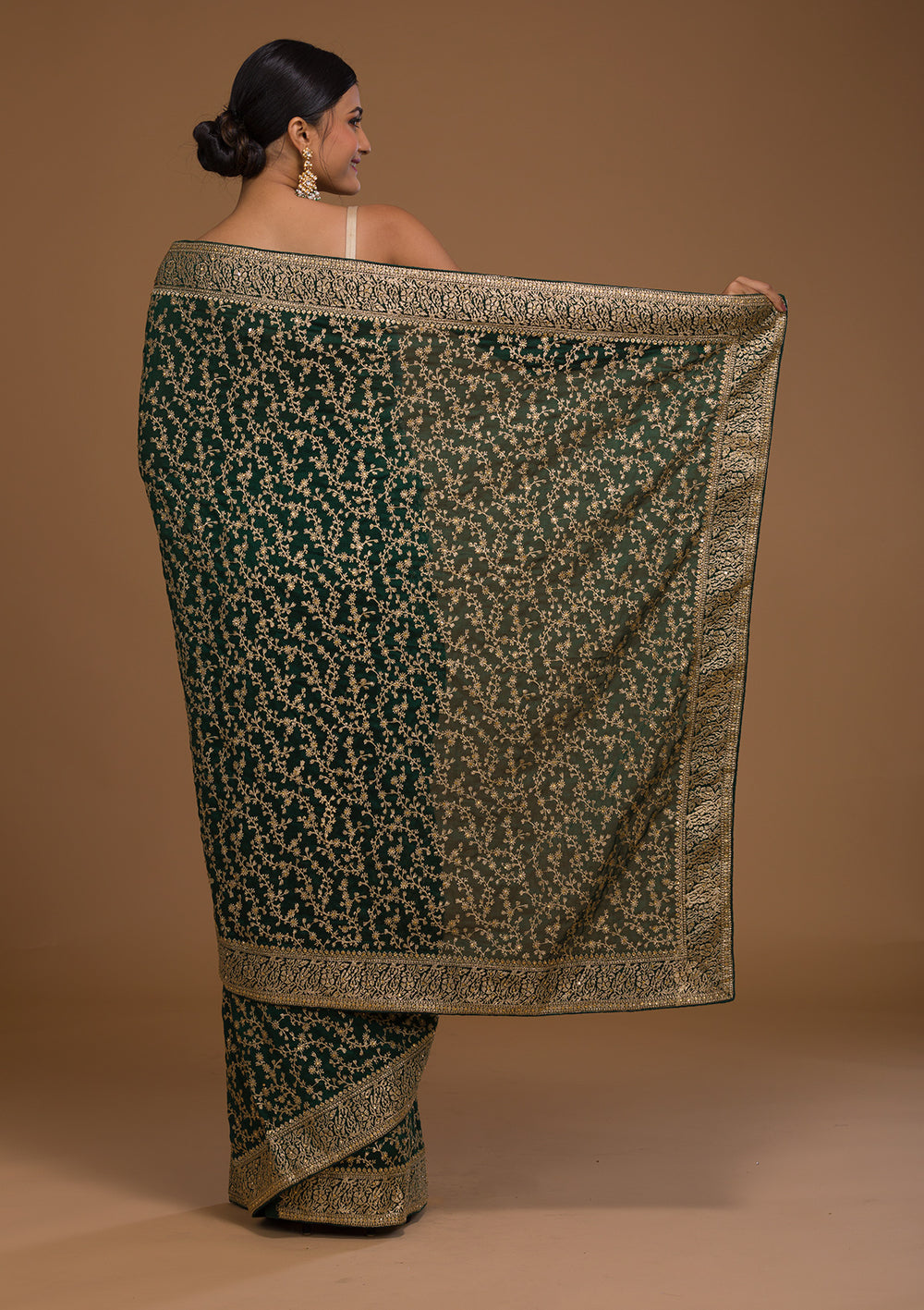 Bottle Green Zariwork Georgette Designer Saree-Koskii