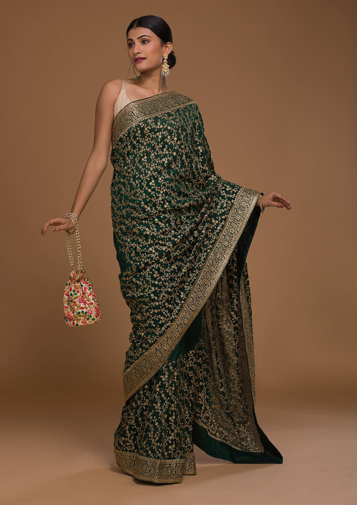 Bottle Green Zariwork Georgette Designer Saree-Koskii