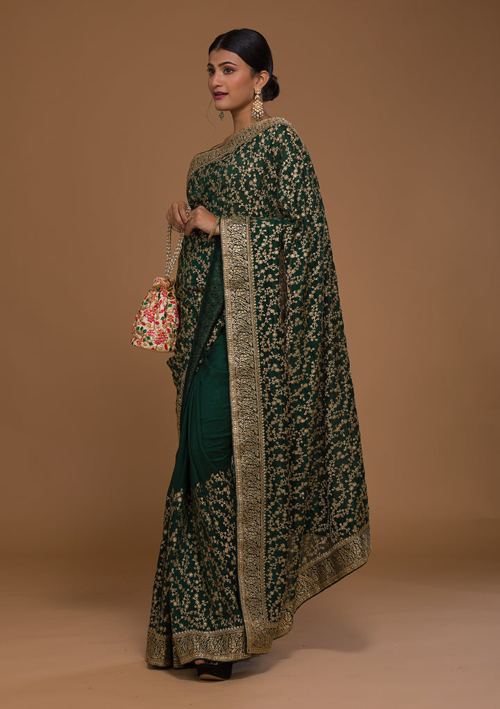 Bottle Green Zariwork Georgette Designer Saree-Koskii