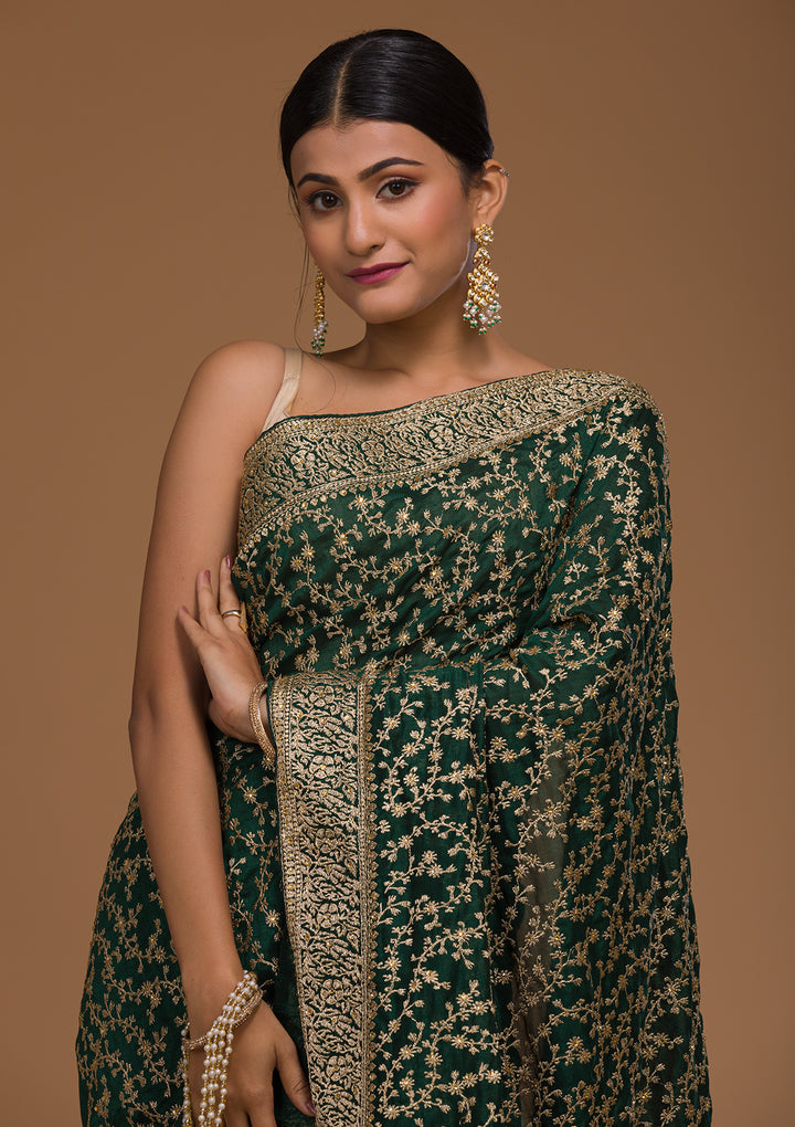 Bottle Green Zariwork Georgette Designer Saree-Koskii