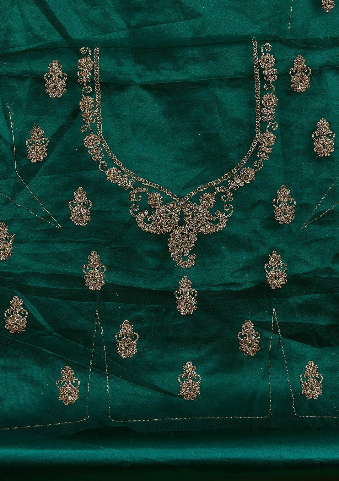Bottle Green Zariwork Net Designer Semi-Stitched Lehenga - koskii