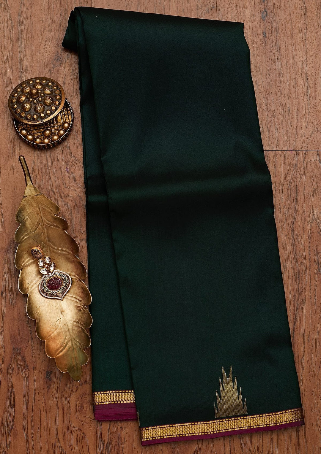 Bottle Green Zariwork Pure Silk Designer Saree - koskii