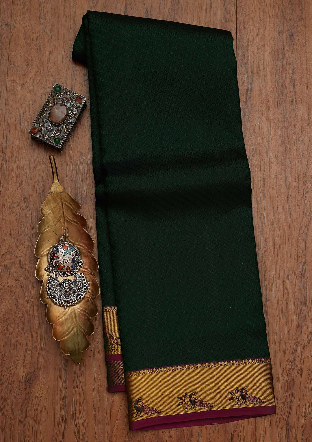 Bottle Green Zariwork Pure Silk Designer Saree - koskii