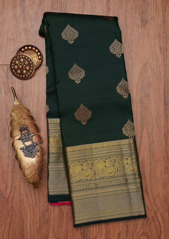 Bottle Green Zariwork Pure Silk Designer Unstitched Saree - Koskii