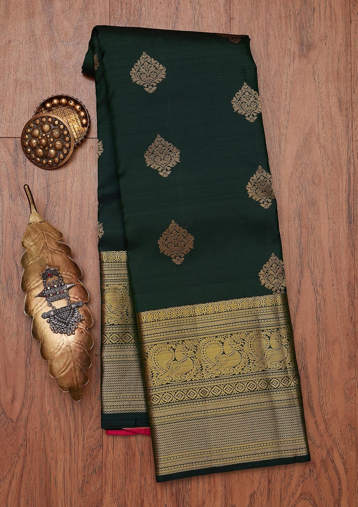 Bottle Green Zariwork Pure Silk Designer Unstitched Saree - Koskii