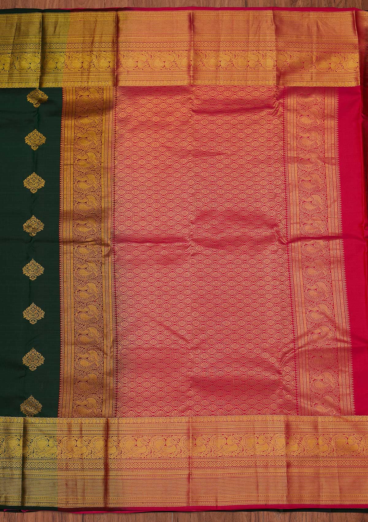 Bottle Green Zariwork Pure Silk Designer Unstitched Saree - Koskii