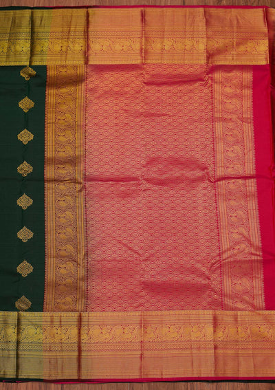 Bottle Green Zariwork Pure Silk Designer Unstitched Saree - Koskii