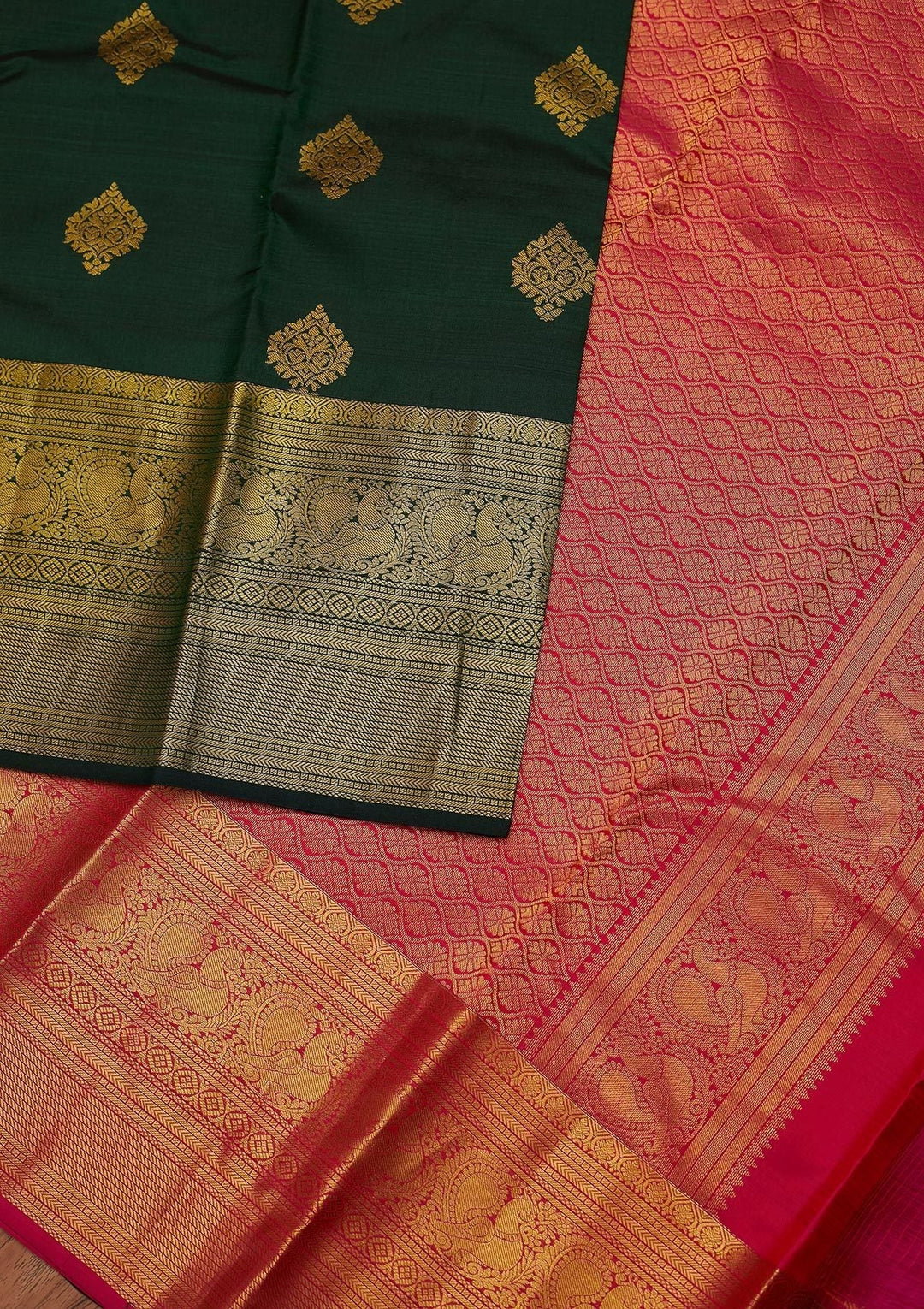 Bottle Green Zariwork Pure Silk Designer Unstitched Saree - Koskii