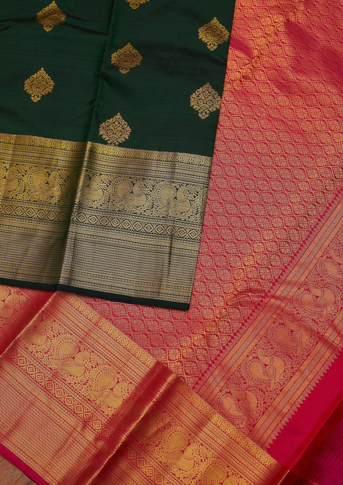 Bottle Green Zariwork Pure Silk Designer Unstitched Saree - Koskii