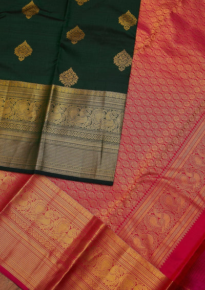 Bottle Green Zariwork Pure Silk Designer Unstitched Saree - Koskii