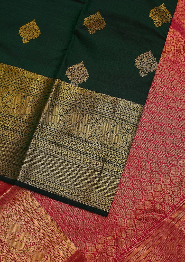 Bottle Green Zariwork Pure Silk Designer Unstitched Saree - Koskii