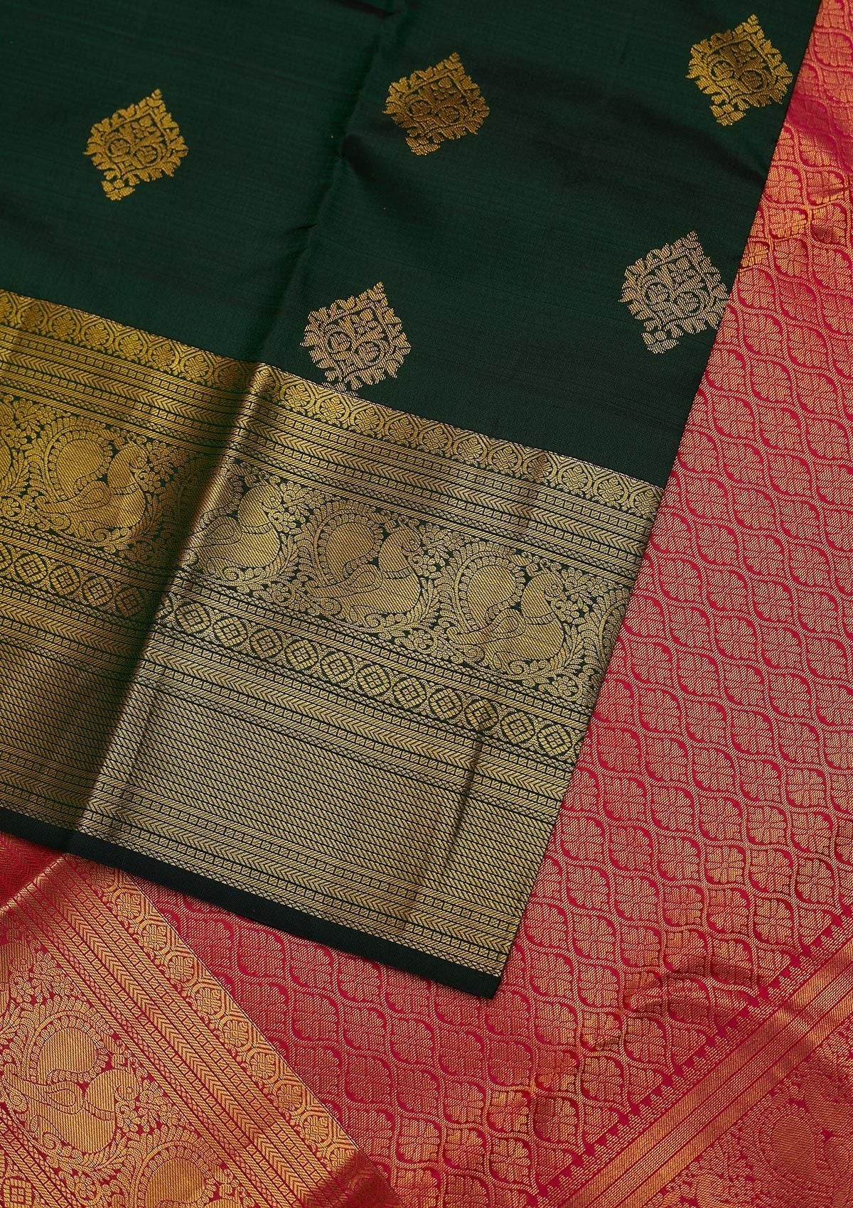 Bottle Green Zariwork Pure Silk Designer Unstitched Saree - Koskii