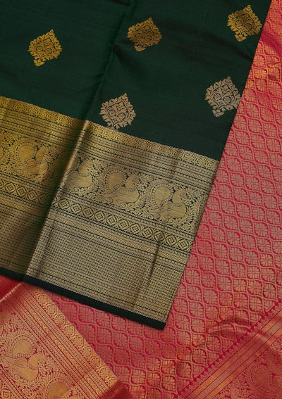 Bottle Green Zariwork Pure Silk Designer Unstitched Saree - Koskii