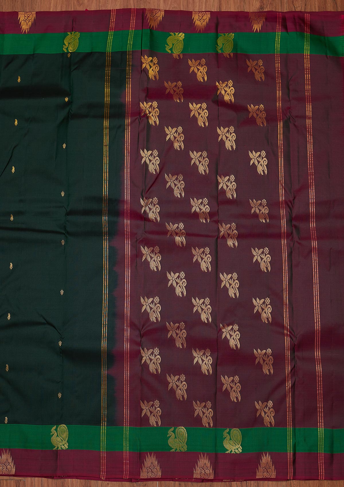 Bottle Green Zariwork Pure Silk Designer Unstitched Saree - Koskii