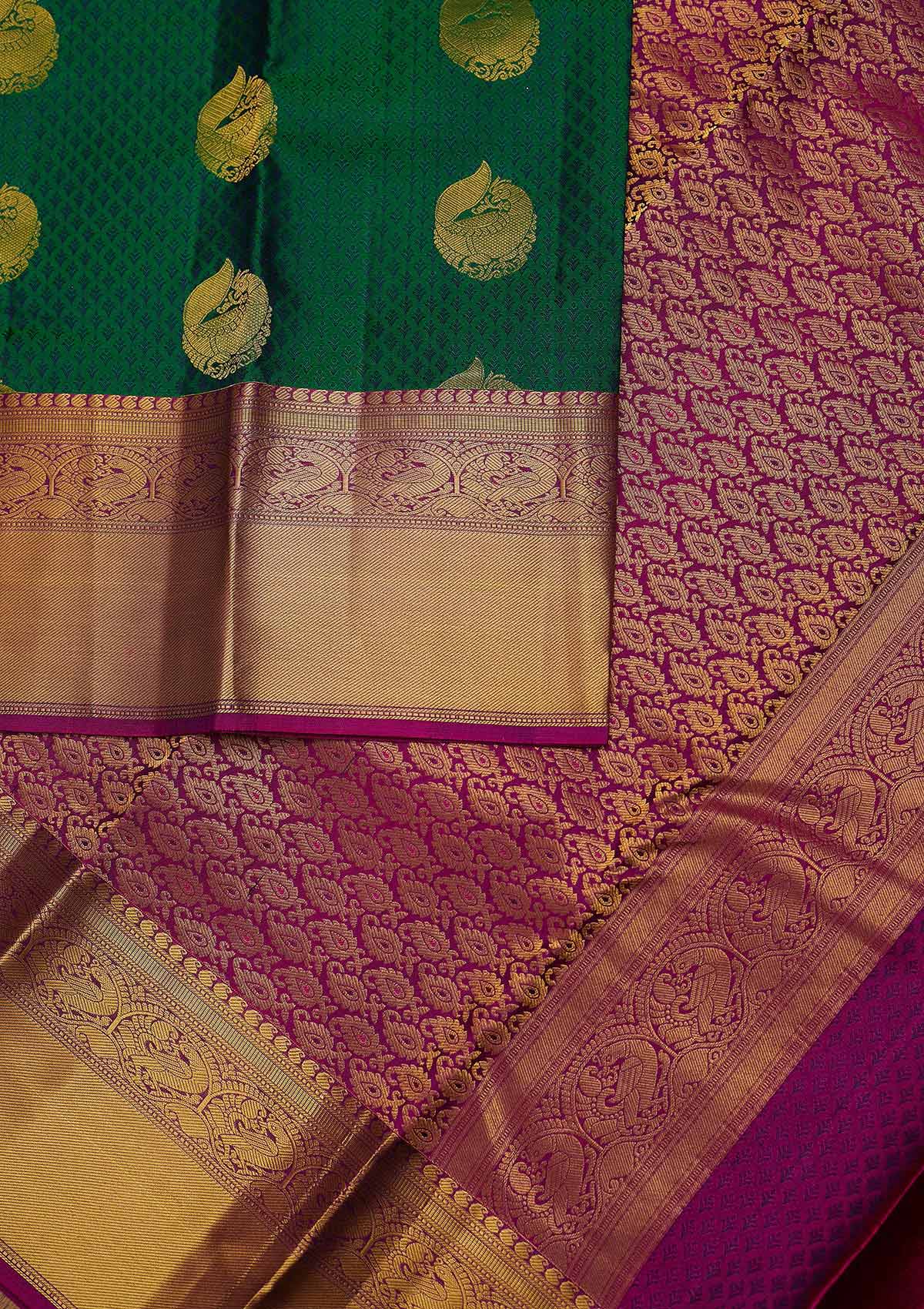 Bottle Green Zariwork Pure Silk Designer Unstitched Saree - Koskii