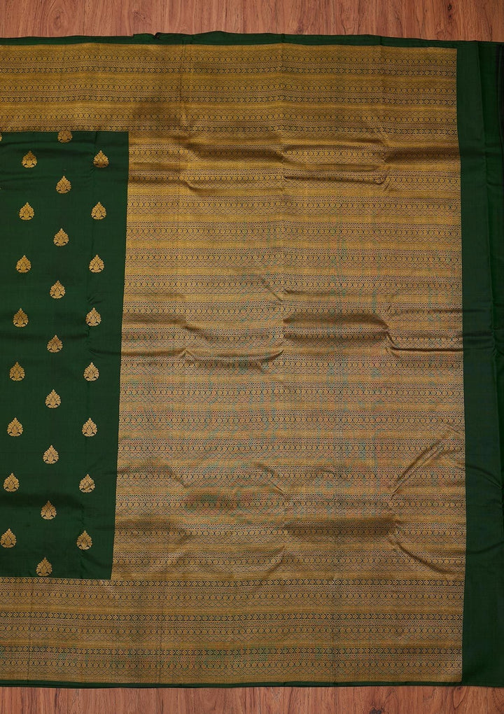 Bottle Green Zariwork Pure Silk Designer Unstitched Saree - Koskii