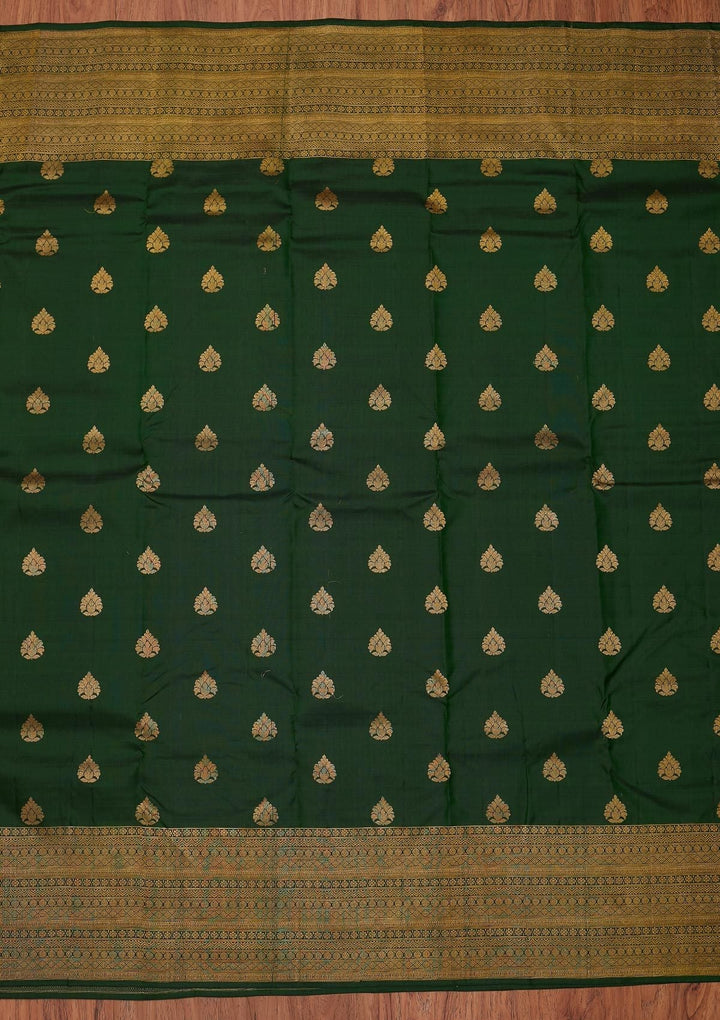 Bottle Green Zariwork Pure Silk Designer Unstitched Saree - Koskii