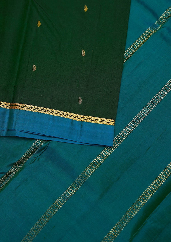 Bottle Green Zariwork Pure Silk Designer Unstitched Saree - Koskii