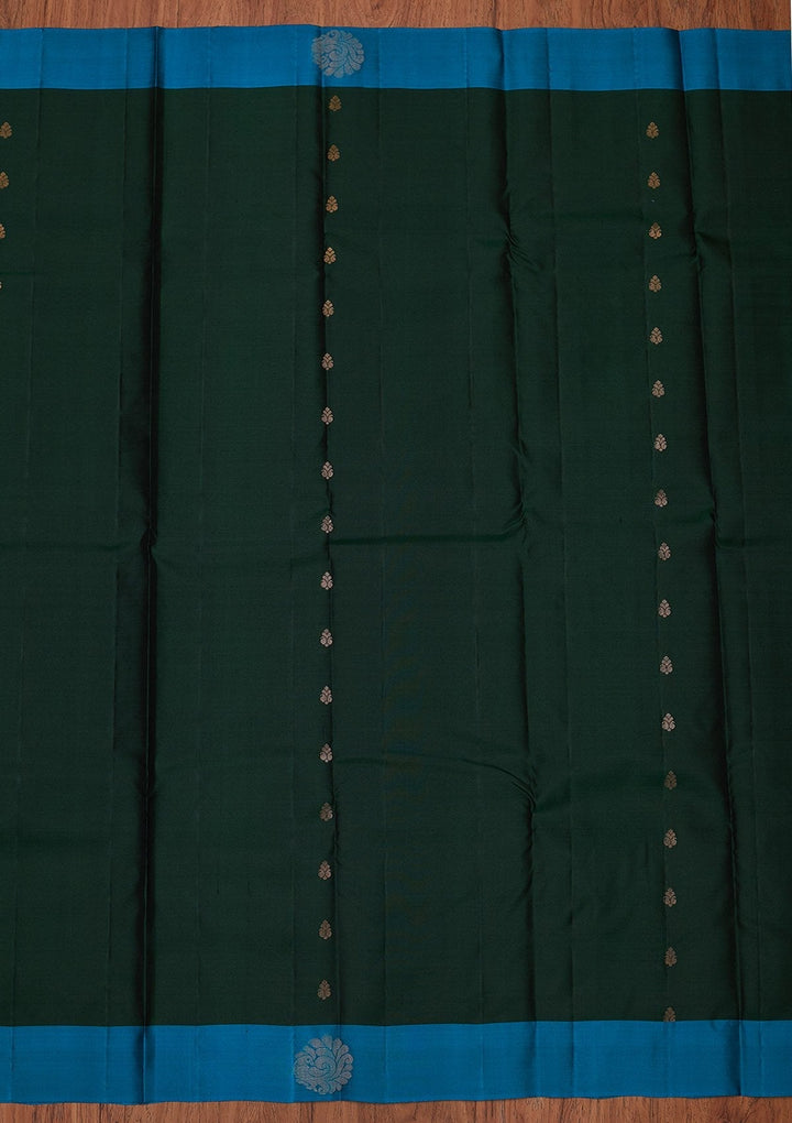 Bottle Green Zariwork Pure Silk Designer Unstitched Saree - Koskii