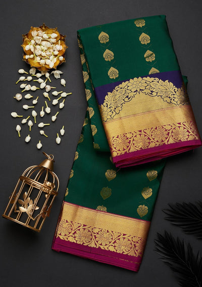 Bottle Green Zariwork Pure Silk Designer Saree - Koskii
