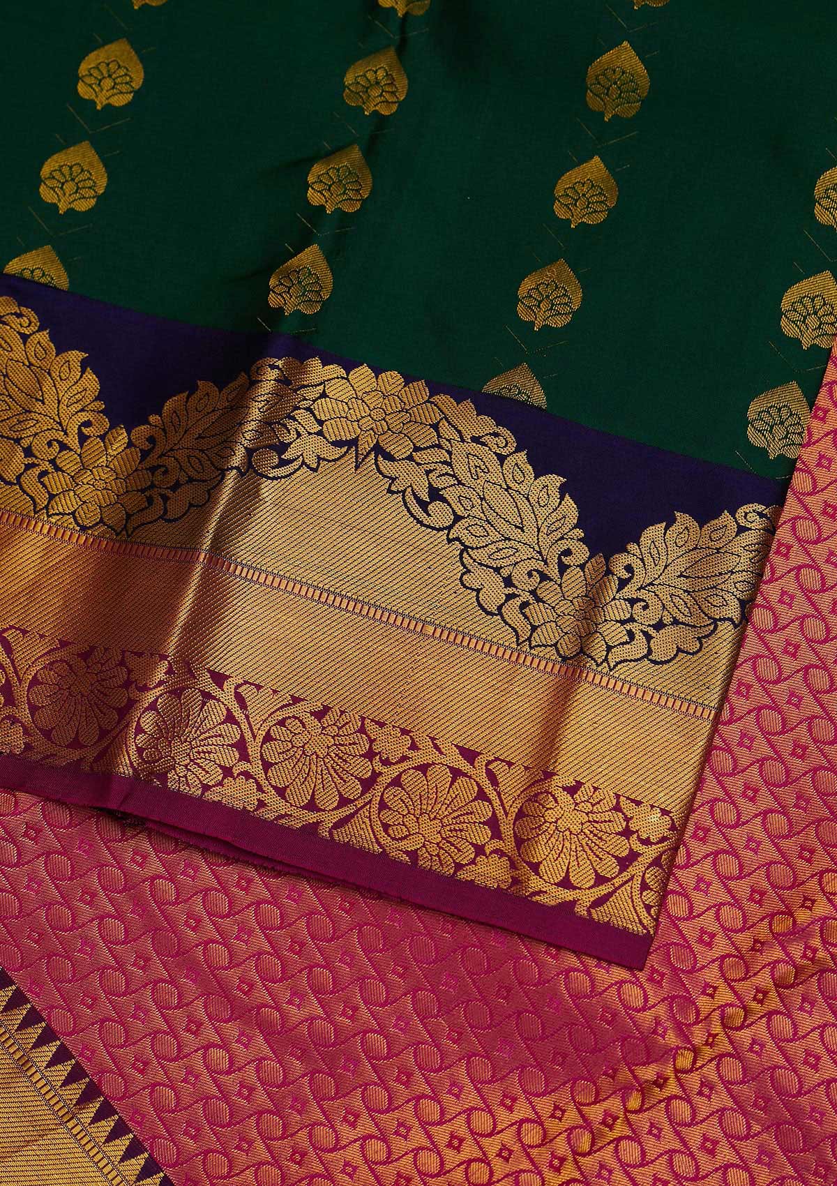 Bottle Green Zariwork Pure Silk Designer Saree - Koskii
