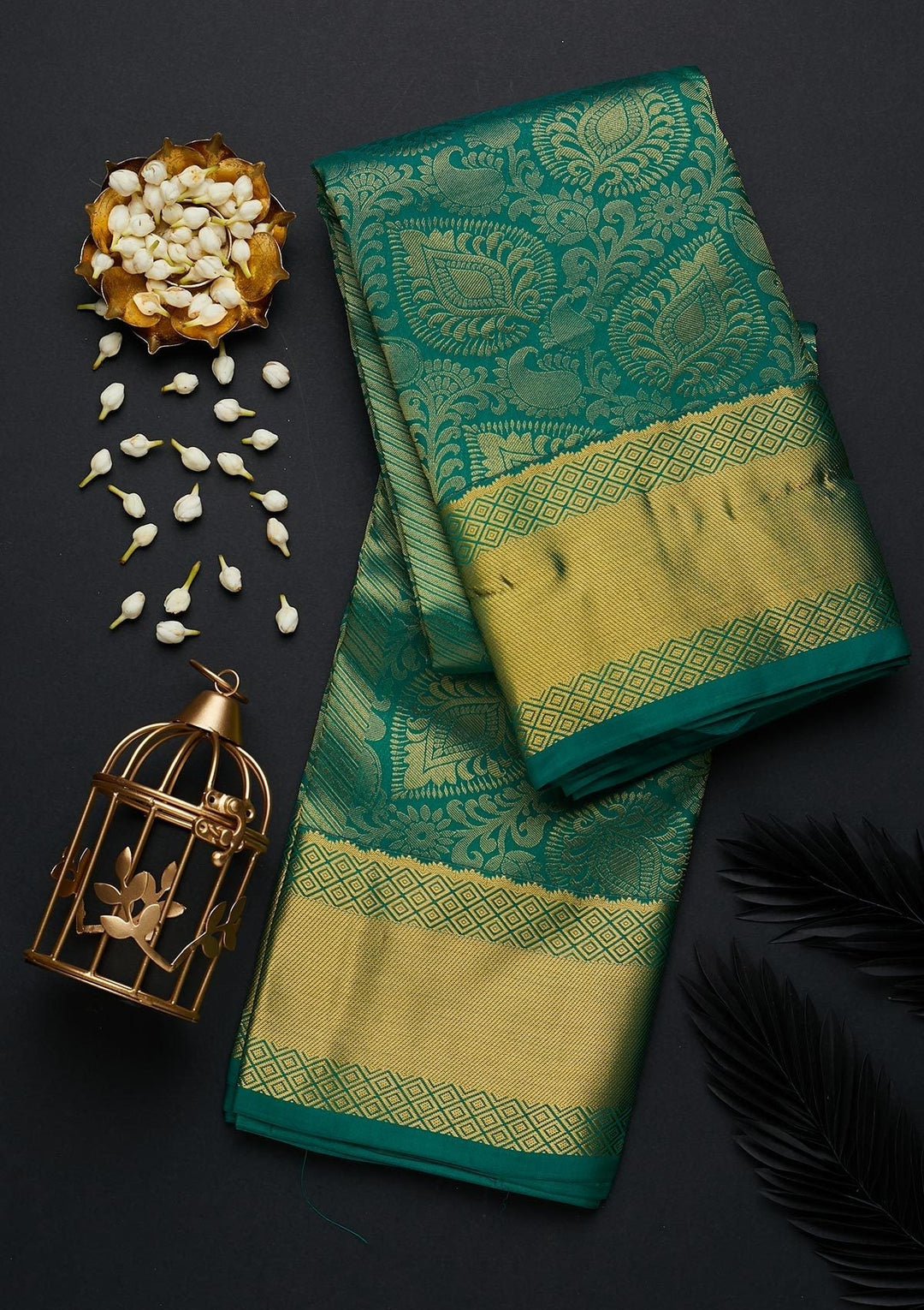 Bottle Green Zariwork Pure Silk Designer Saree - Koskii