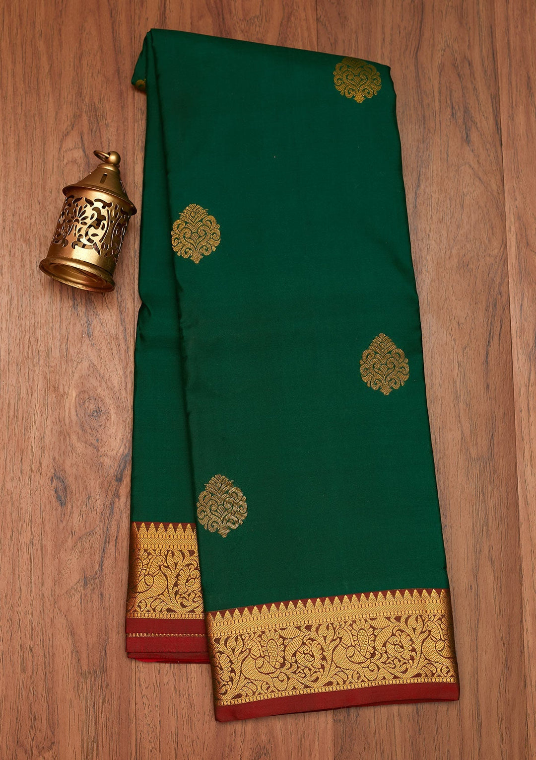 Bottle Green Zariwork Pure Silk Saree- Koskii