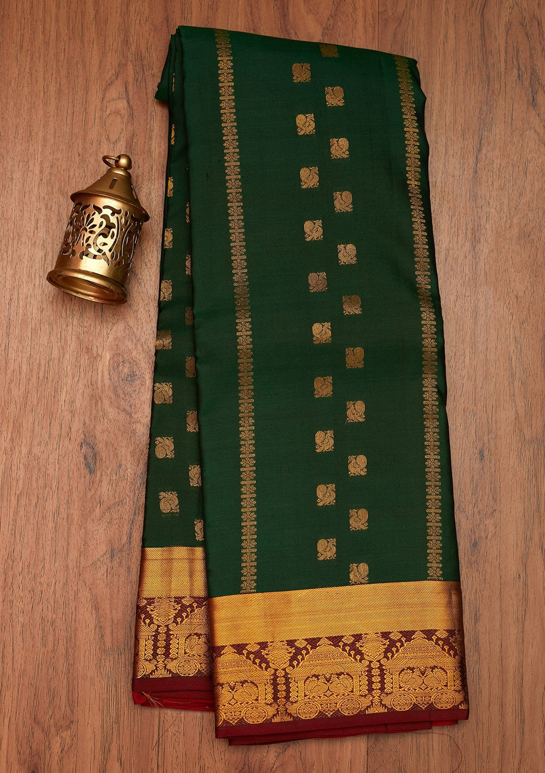 Bottle Green Zariwork Pure Silk Saree- Koskii