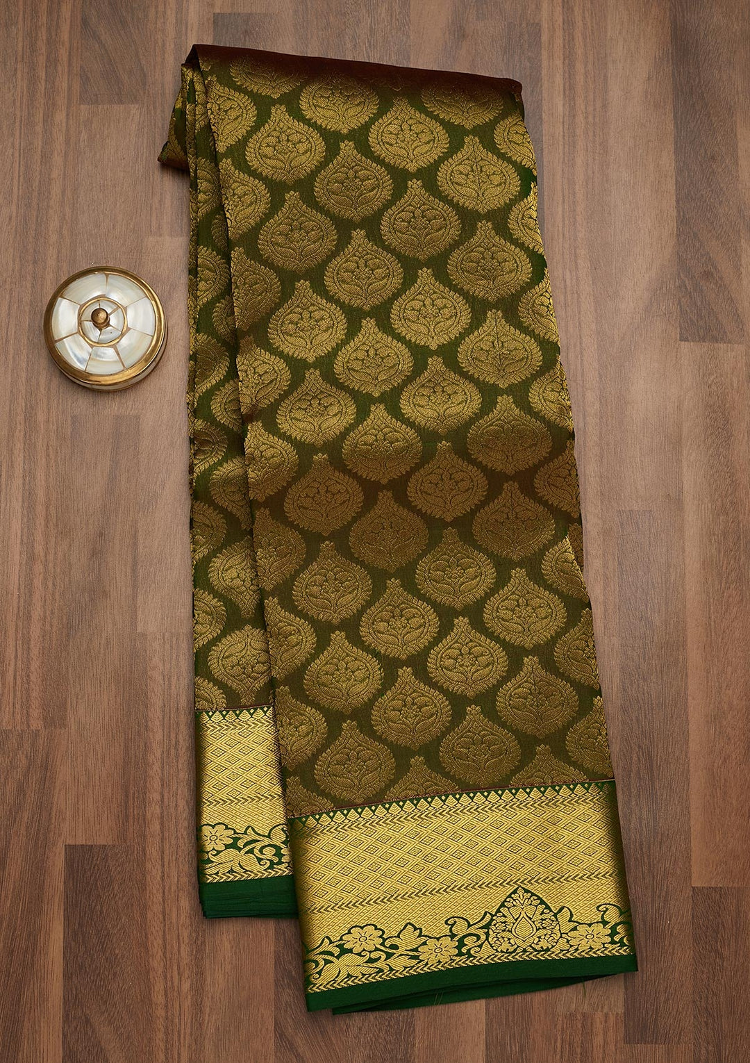 Bottle Green Zariwork Pure Silk Saree-Koskii