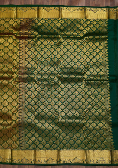 Bottle Green Zariwork Pure Silk Saree-Koskii