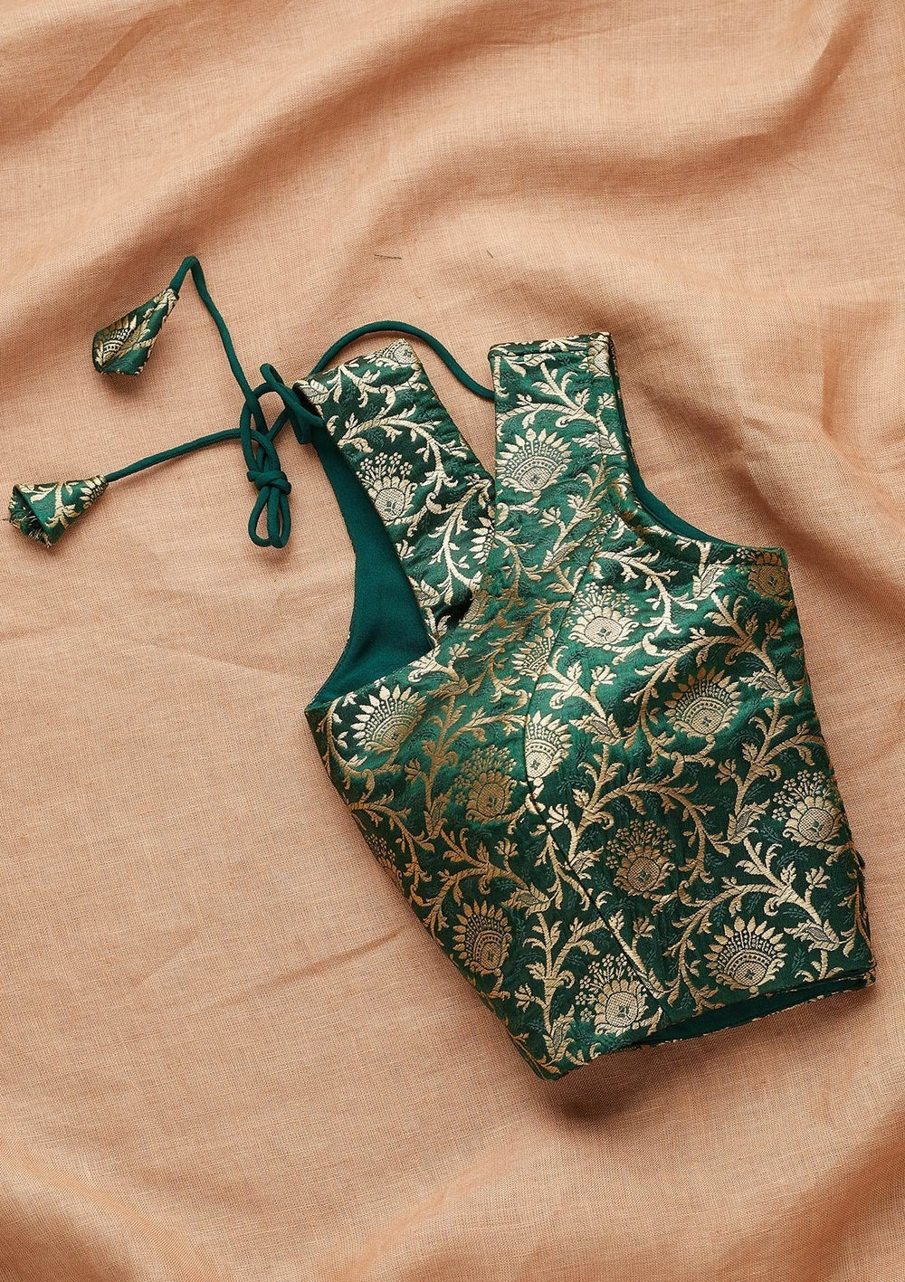 Bottle Green Zariwork Raw Silk Readymade Blouse-Koskii
