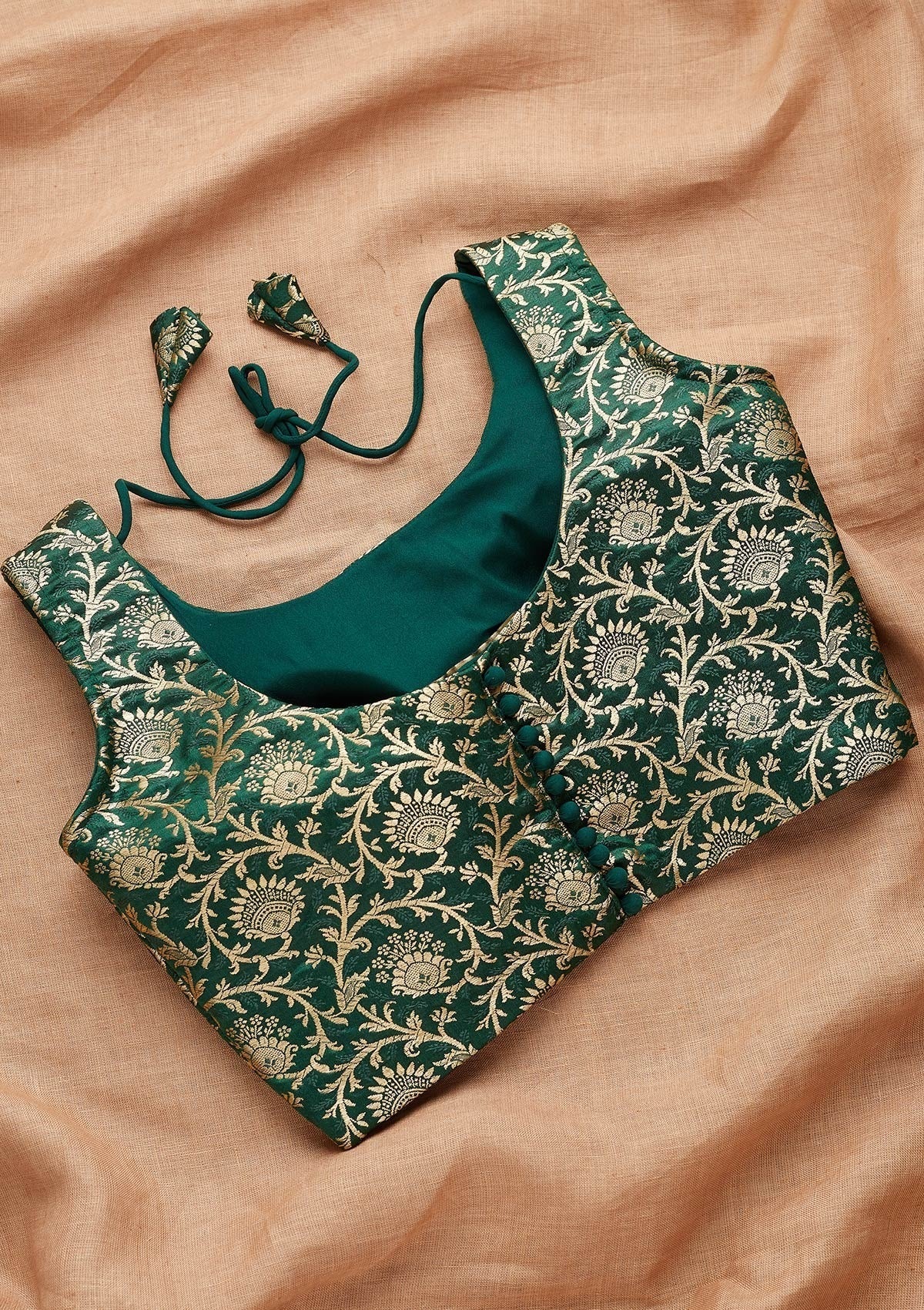 Bottle Green Zariwork Raw Silk Readymade Blouse-Koskii