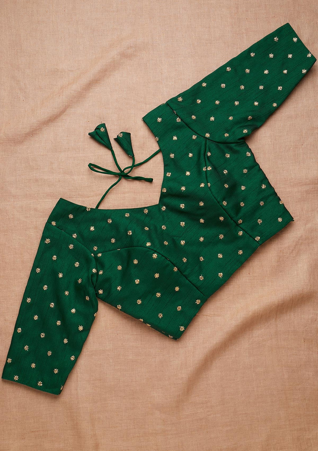 Bottle Green Zariwork Raw Silk Blouse-Koskii