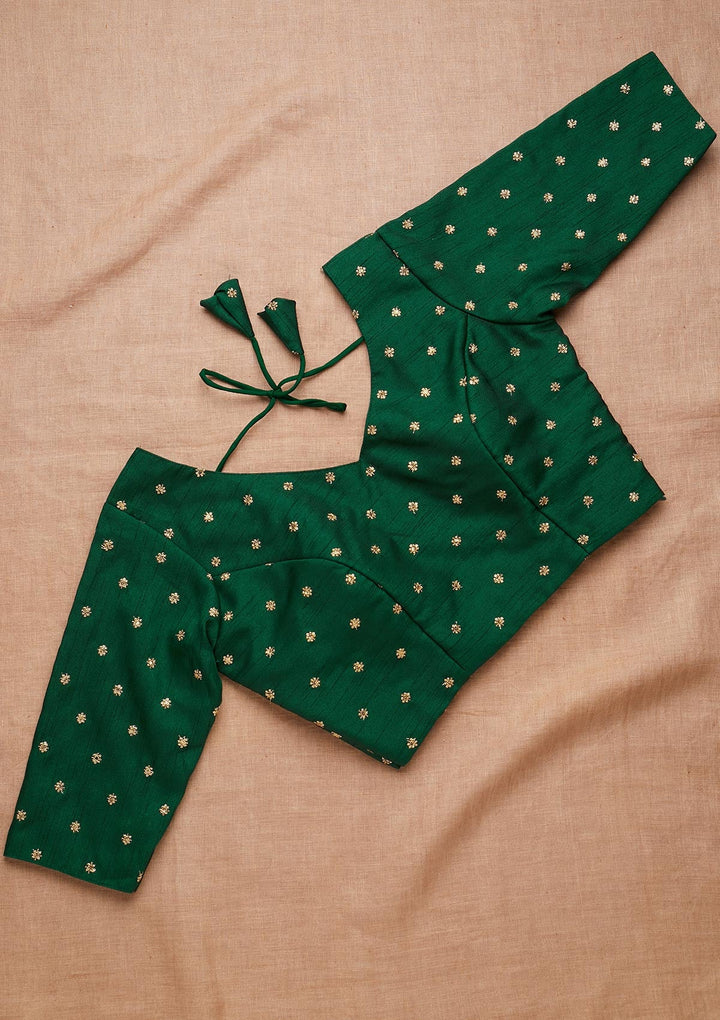 Bottle Green Zariwork Raw Silk Blouse-Koskii
