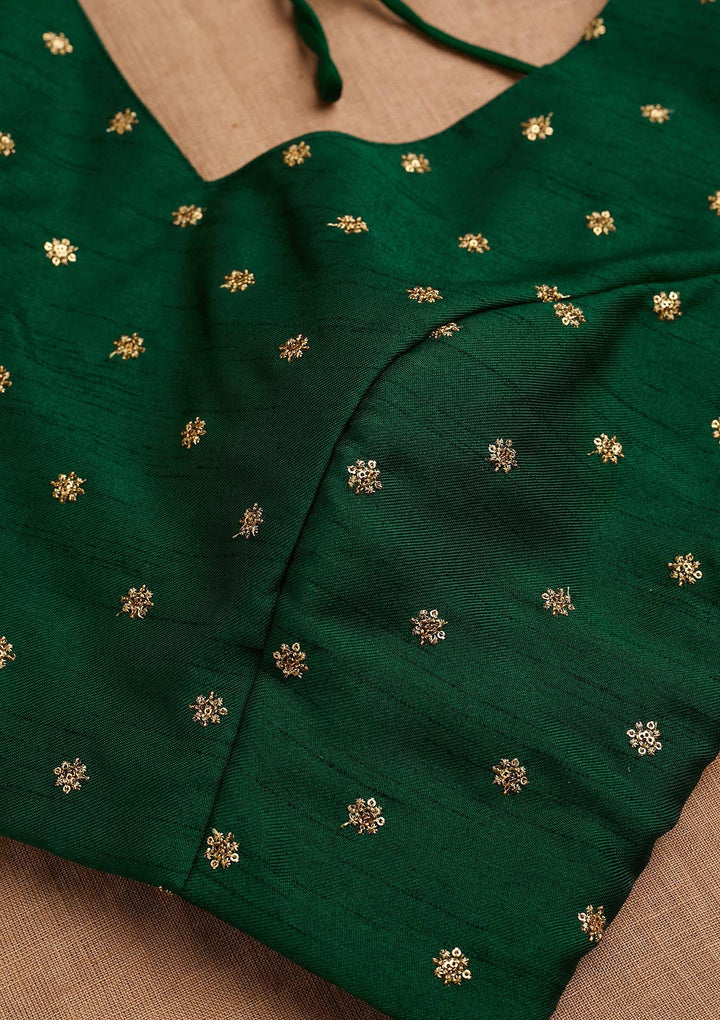 Bottle Green Zariwork Raw Silk Blouse-Koskii