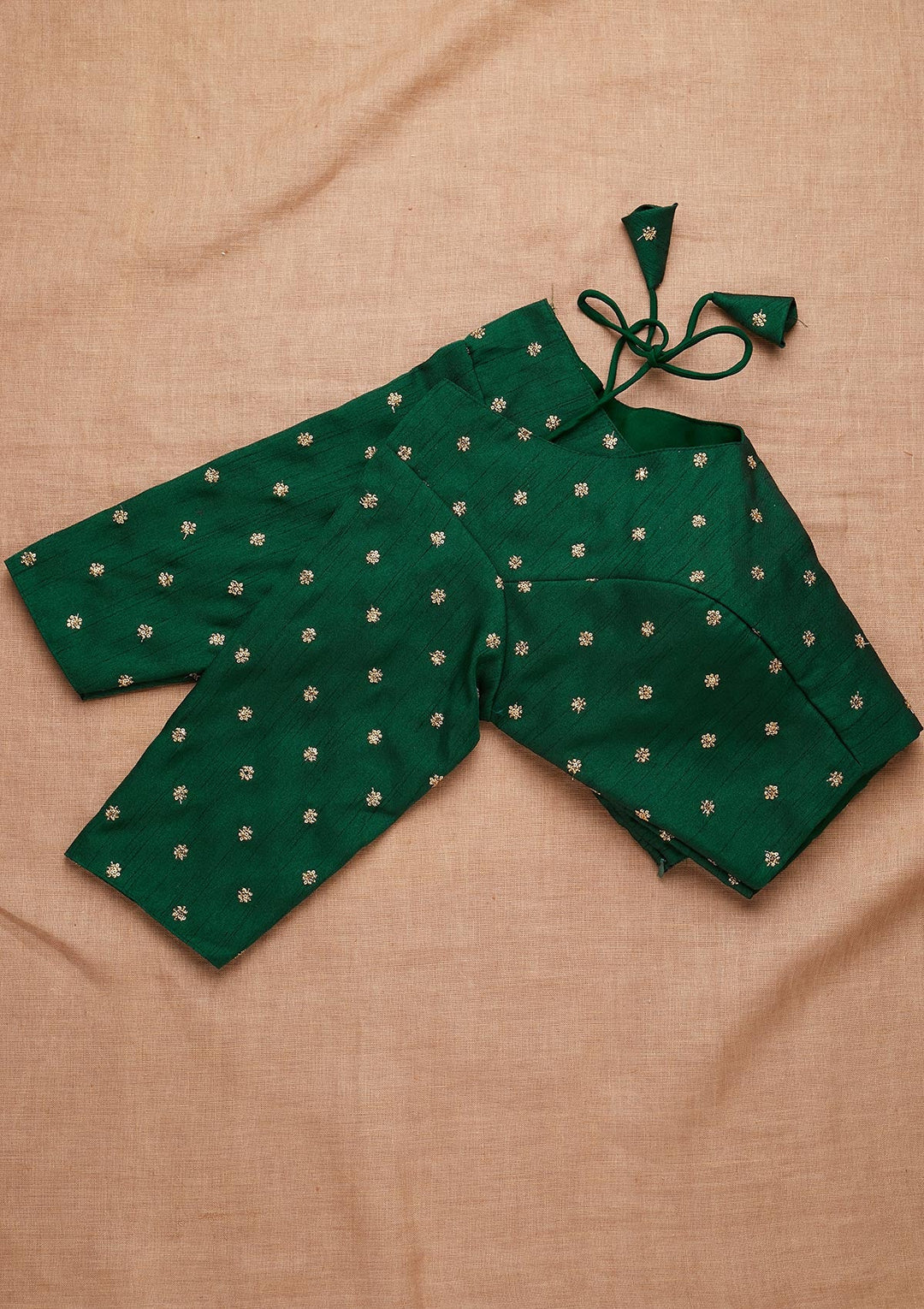 Bottle Green Zariwork Raw Silk Blouse-Koskii