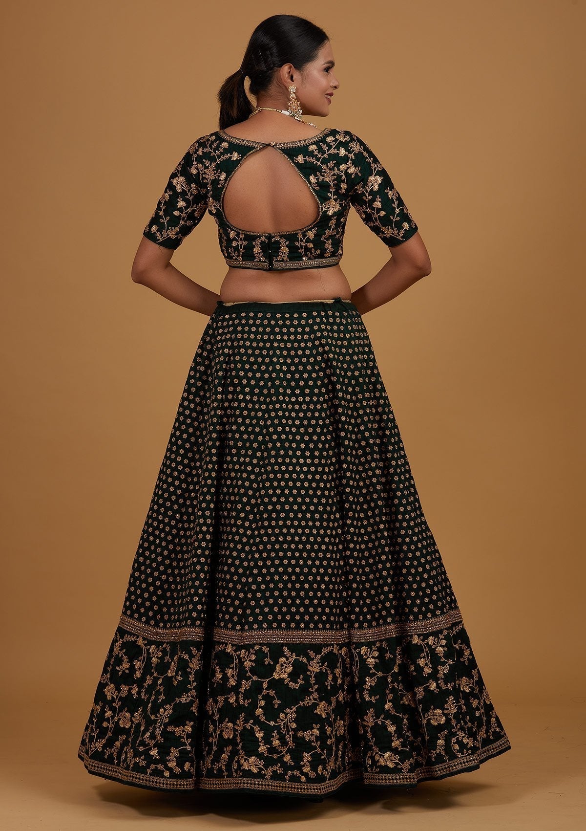 Bottle Green Zariwork Raw Silk Designer Lehenga - Koskii