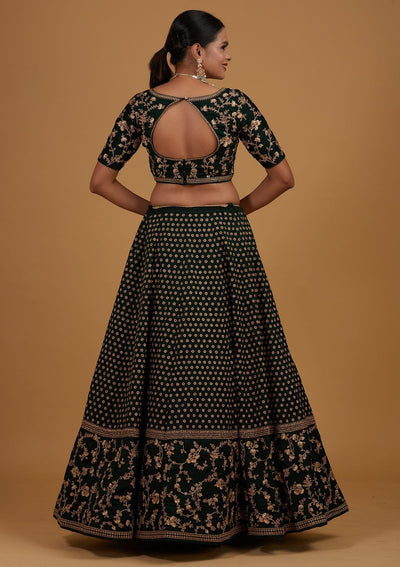 Bottle Green Zariwork Raw Silk Designer Lehenga - Koskii