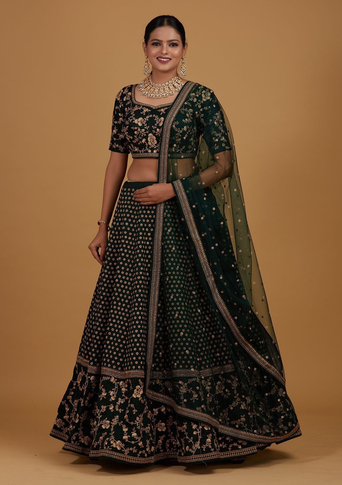 Bottle Green Zariwork Raw Silk Designer Lehenga - Koskii
