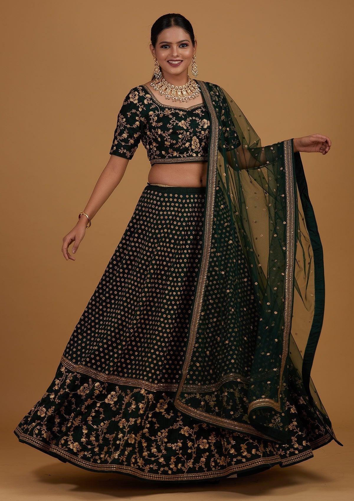 Bottle Green Zariwork Raw Silk Designer Lehenga - Koskii